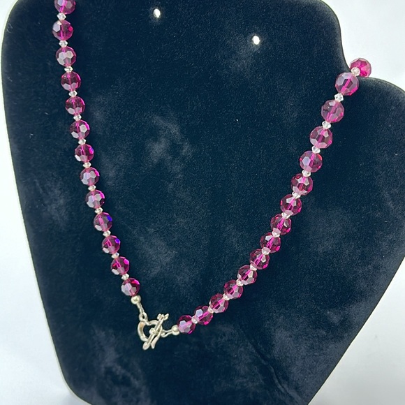 Pink & Clear Faceted Glass Bead Necklace. Heart Shape Toggle Clasp. 20 Inch - Picture 7 of 7
